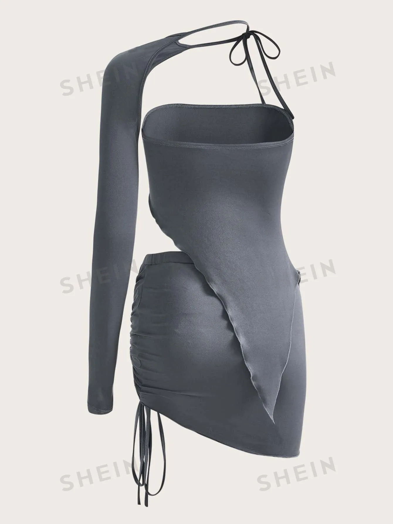ICON Two Piece Solid Asymmetrical Tube Top & Drawstring Side Skirt With One Sleeve
