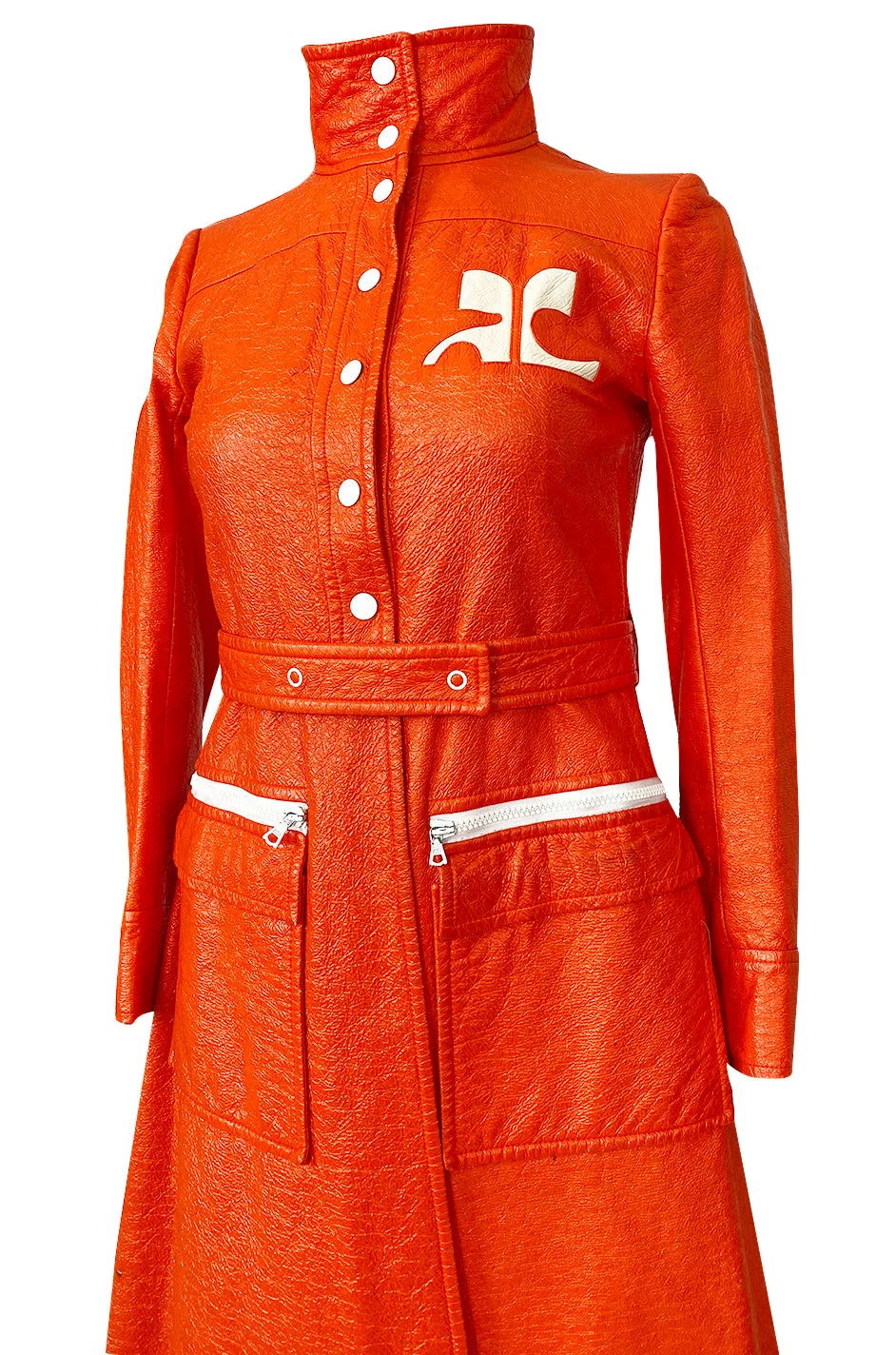 Iconic 1960s Andres Courreges Bright Orange  & White Vinyl Coat or Dress