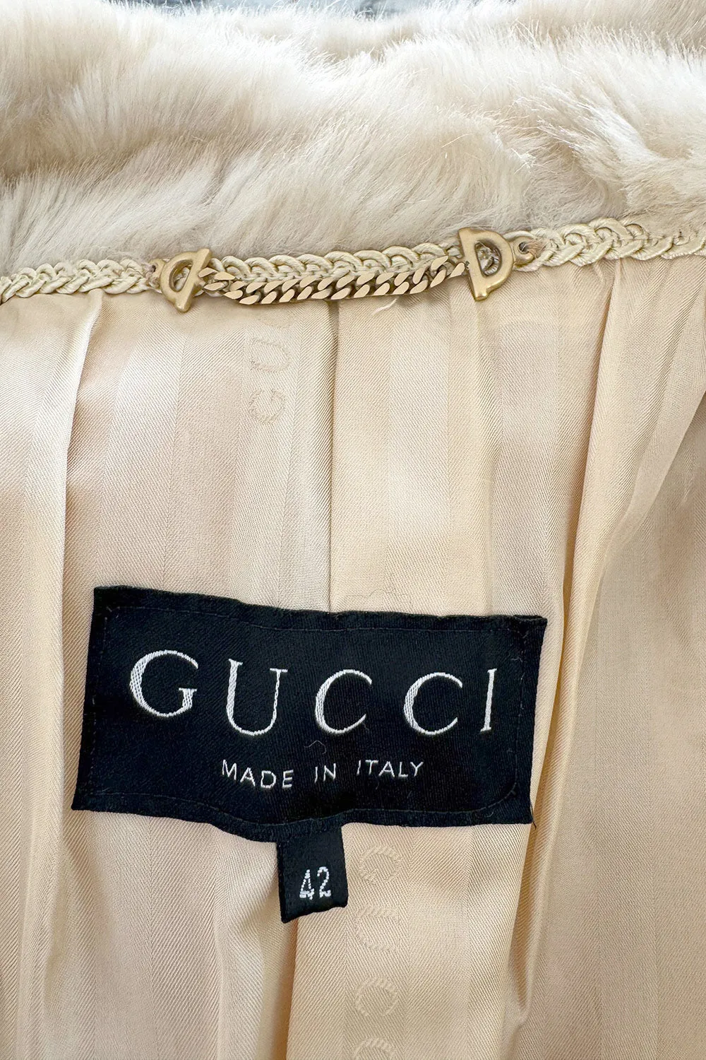Iconic Fall 1996 Gucci by Tom Ford Runway Look 29 Menswear Inspired Ivory Faux Fur Coat w