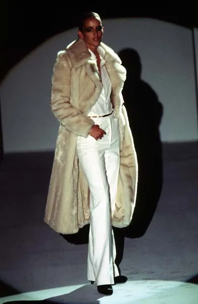 Iconic Fall 1996 Gucci by Tom Ford Runway Look 29 Menswear Inspired Ivory Faux Fur Coat w