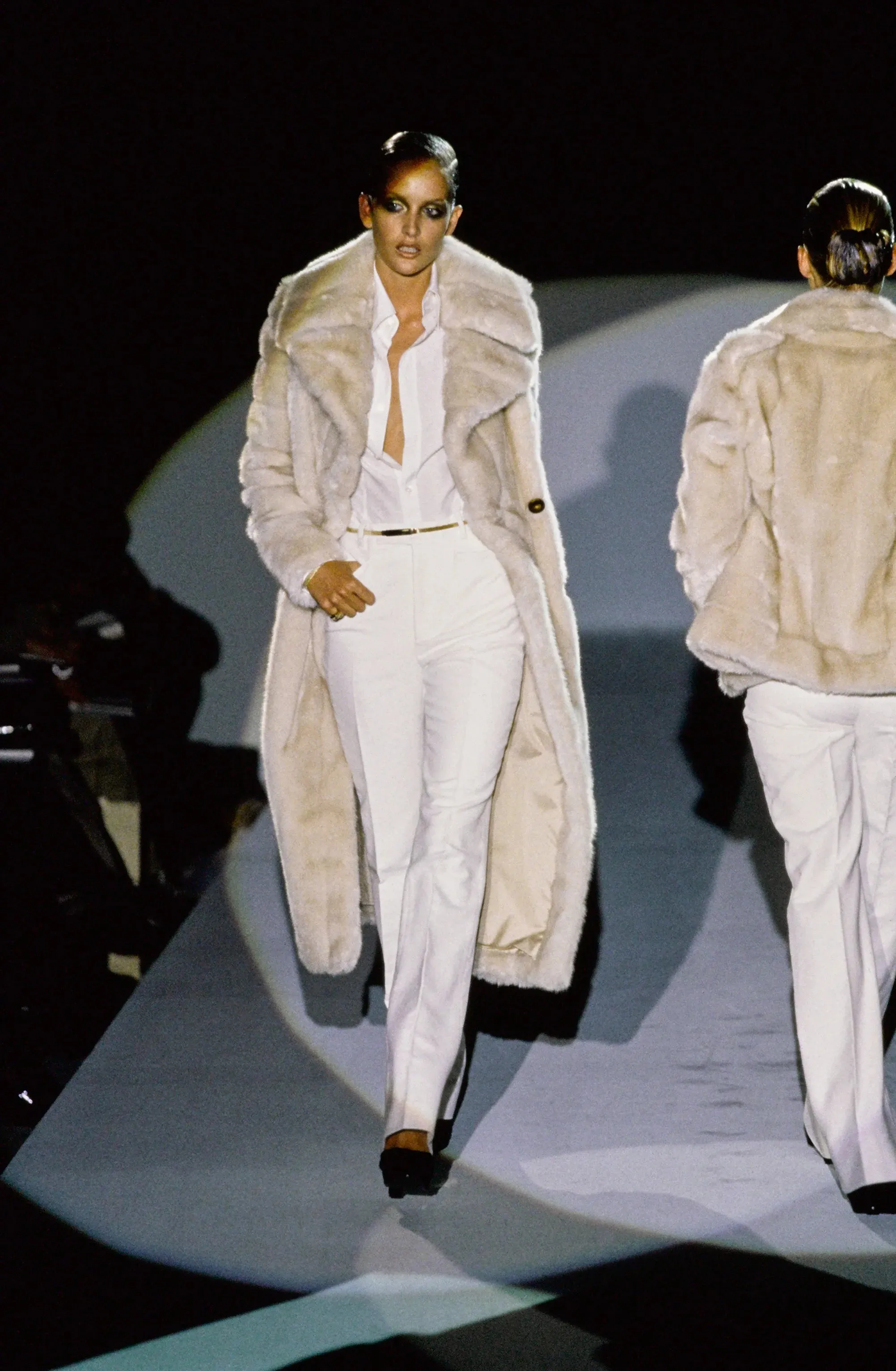 Iconic Fall 1996 Gucci by Tom Ford Runway Look 29 Menswear Inspired Ivory Faux Fur Coat w