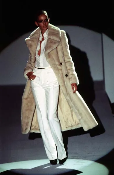 Iconic Fall 1996 Gucci by Tom Ford Runway Look 29 Menswear Inspired Ivory Faux Fur Coat w