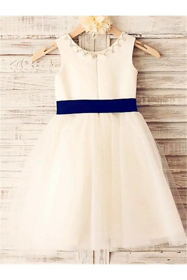Ivory A-line Scoop Sleeveless Bowknot Tea-Length Tulle Flower Girl Dress With Belt OK713