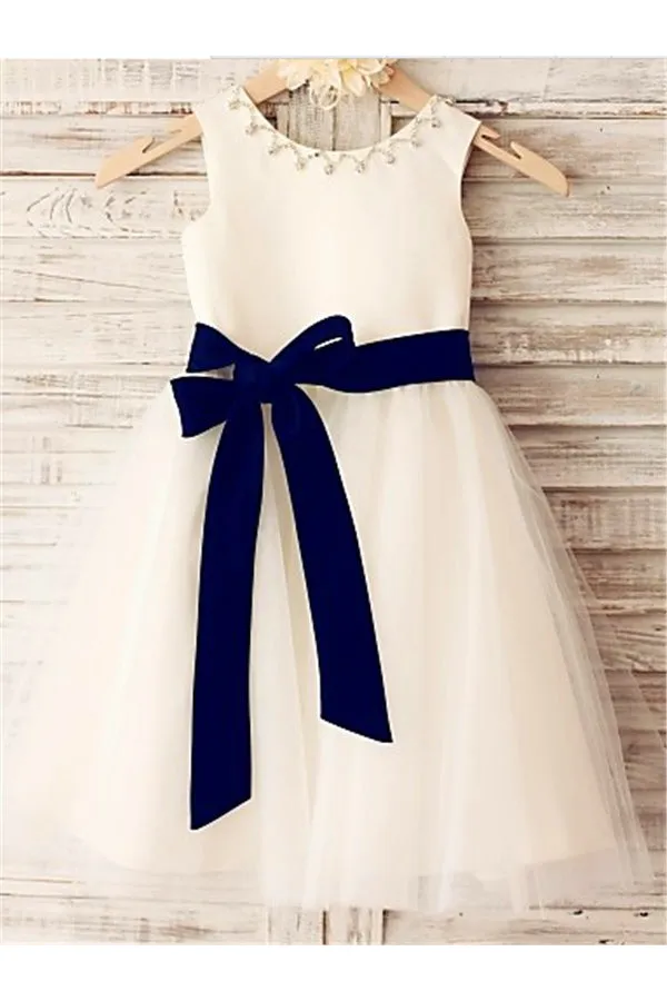 Ivory A-line Scoop Sleeveless Bowknot Tea-Length Tulle Flower Girl Dress With Belt OK713