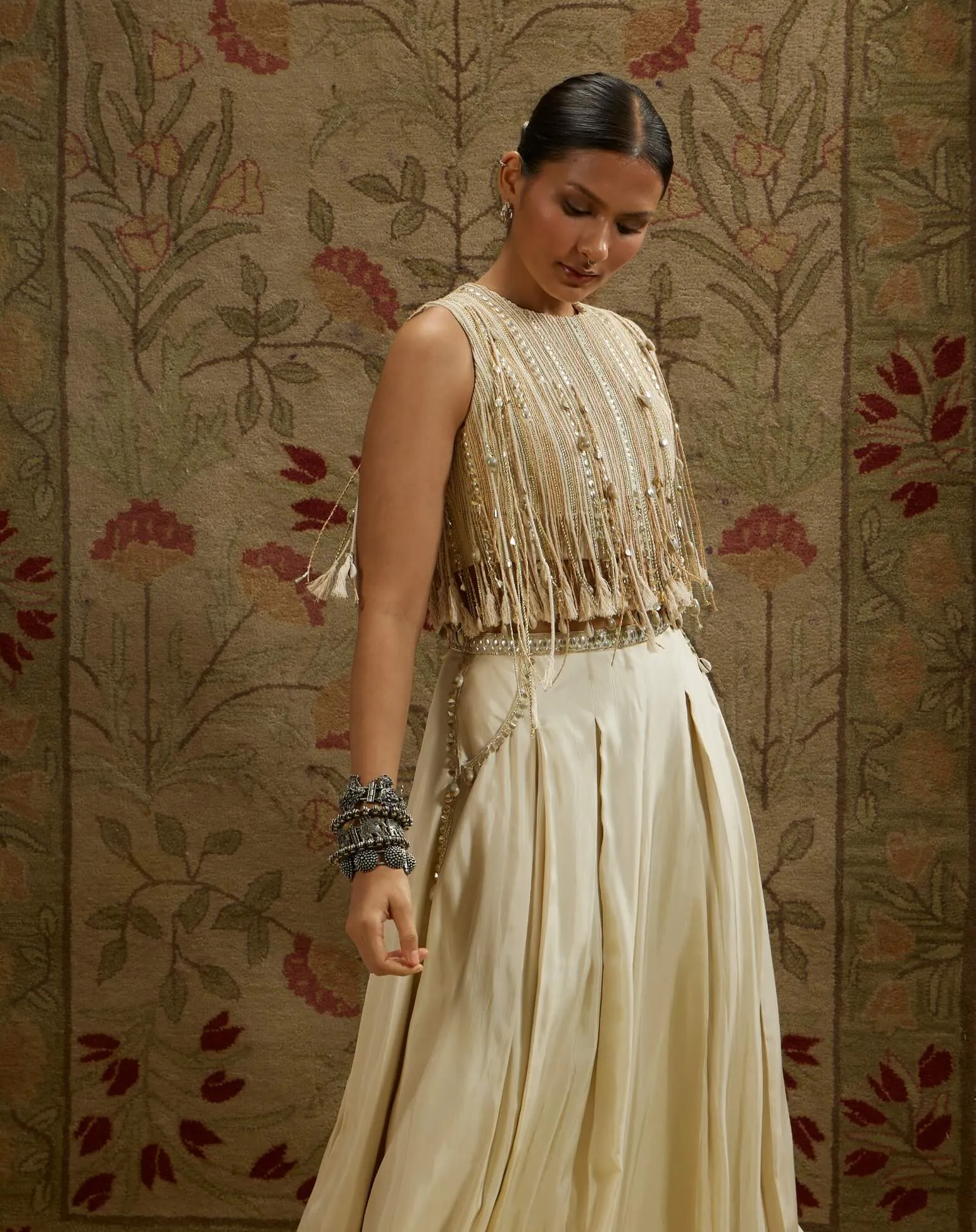 Ivory magnolia cream tassel crop top and palazzo