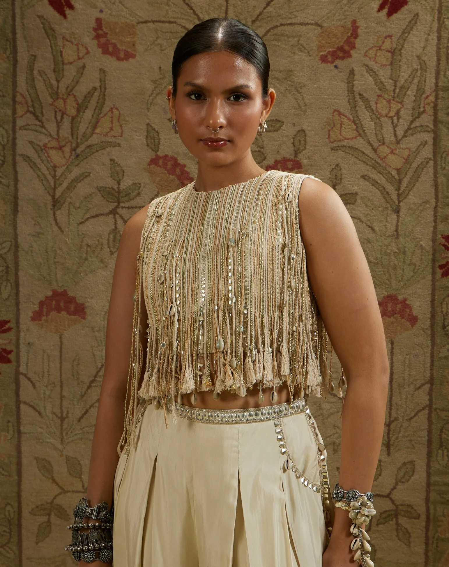 Ivory magnolia cream tassel crop top and palazzo