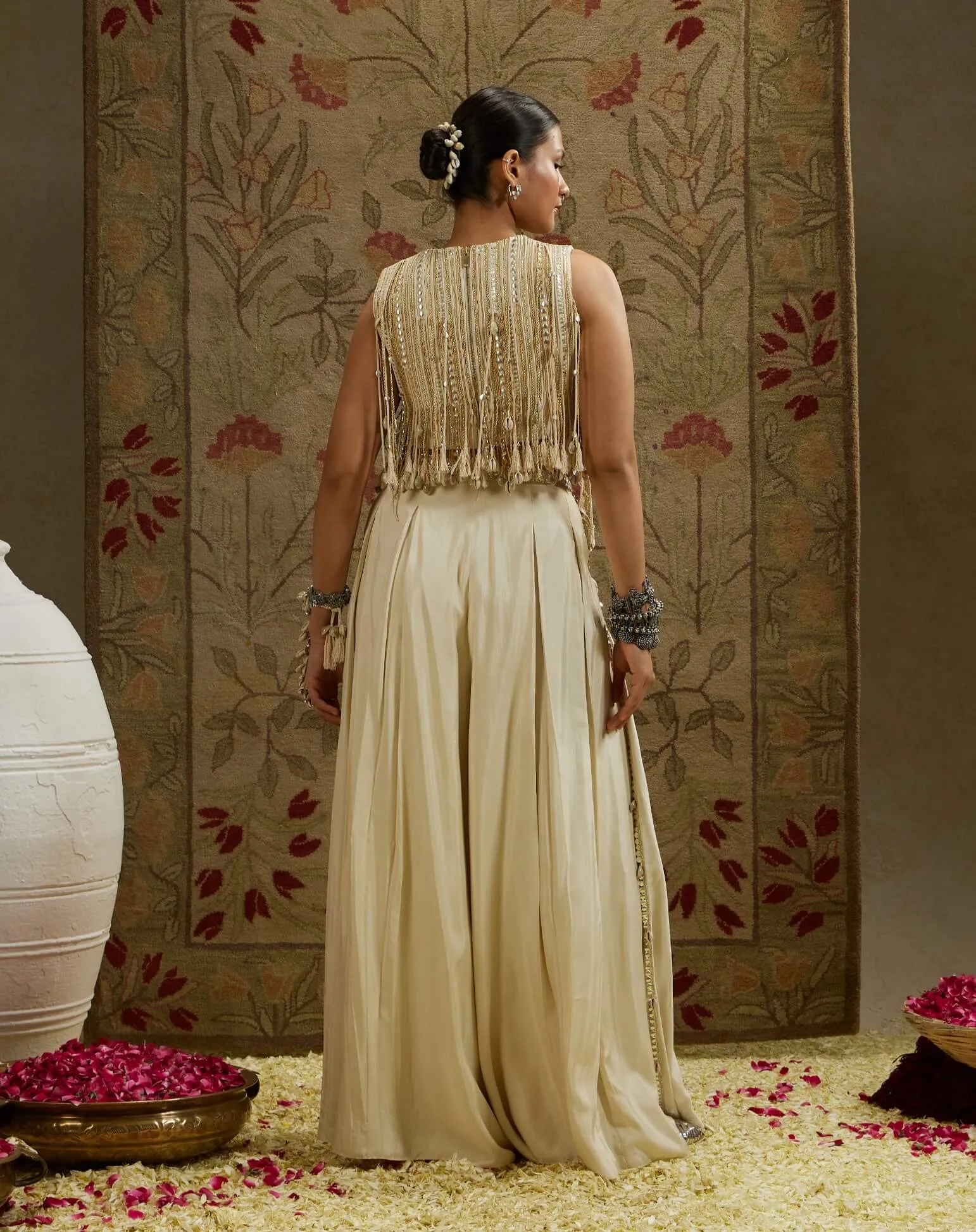 Ivory magnolia cream tassel crop top and palazzo