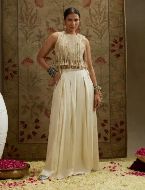 Ivory magnolia cream tassel crop top and palazzo