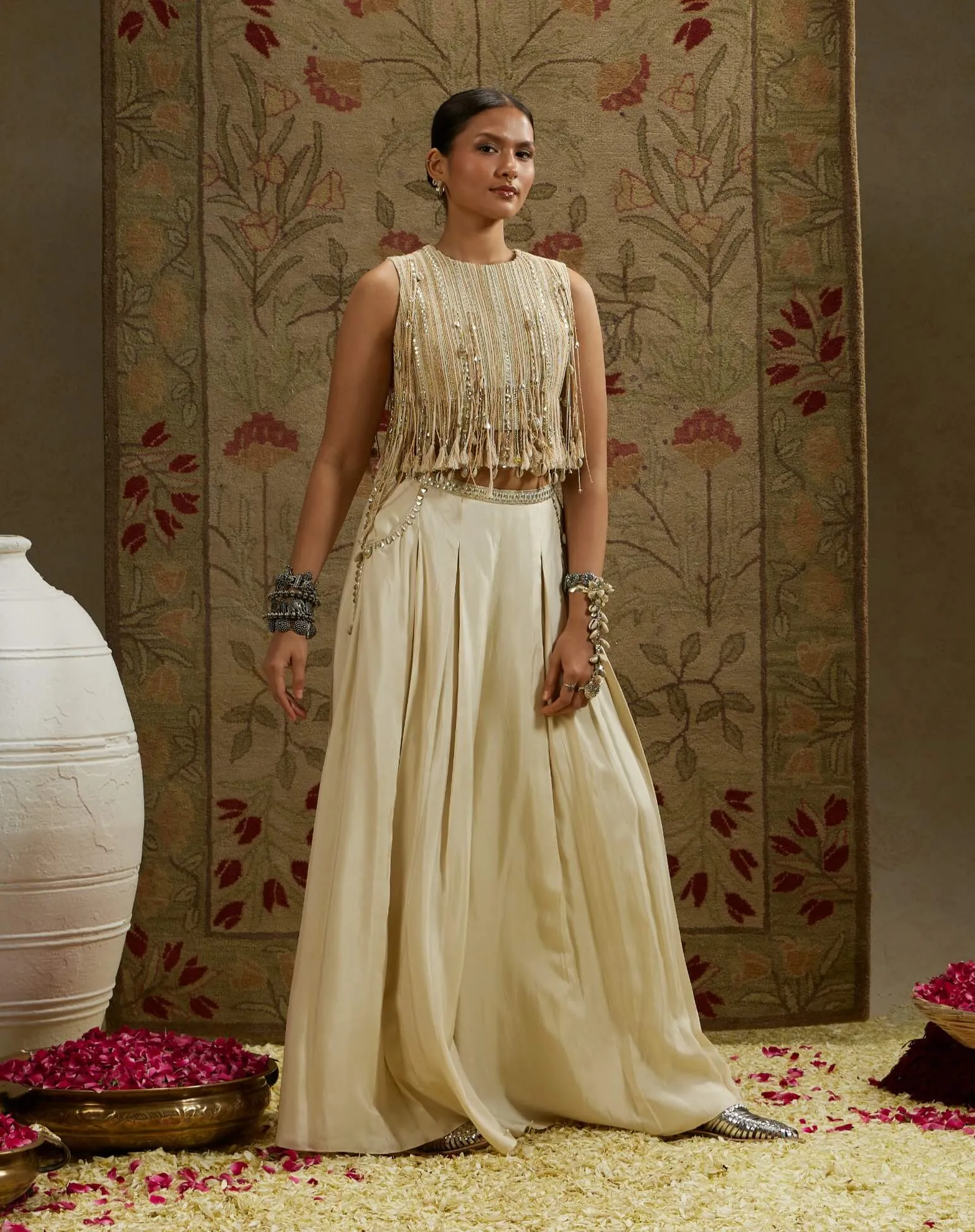 Ivory magnolia cream tassel crop top and palazzo