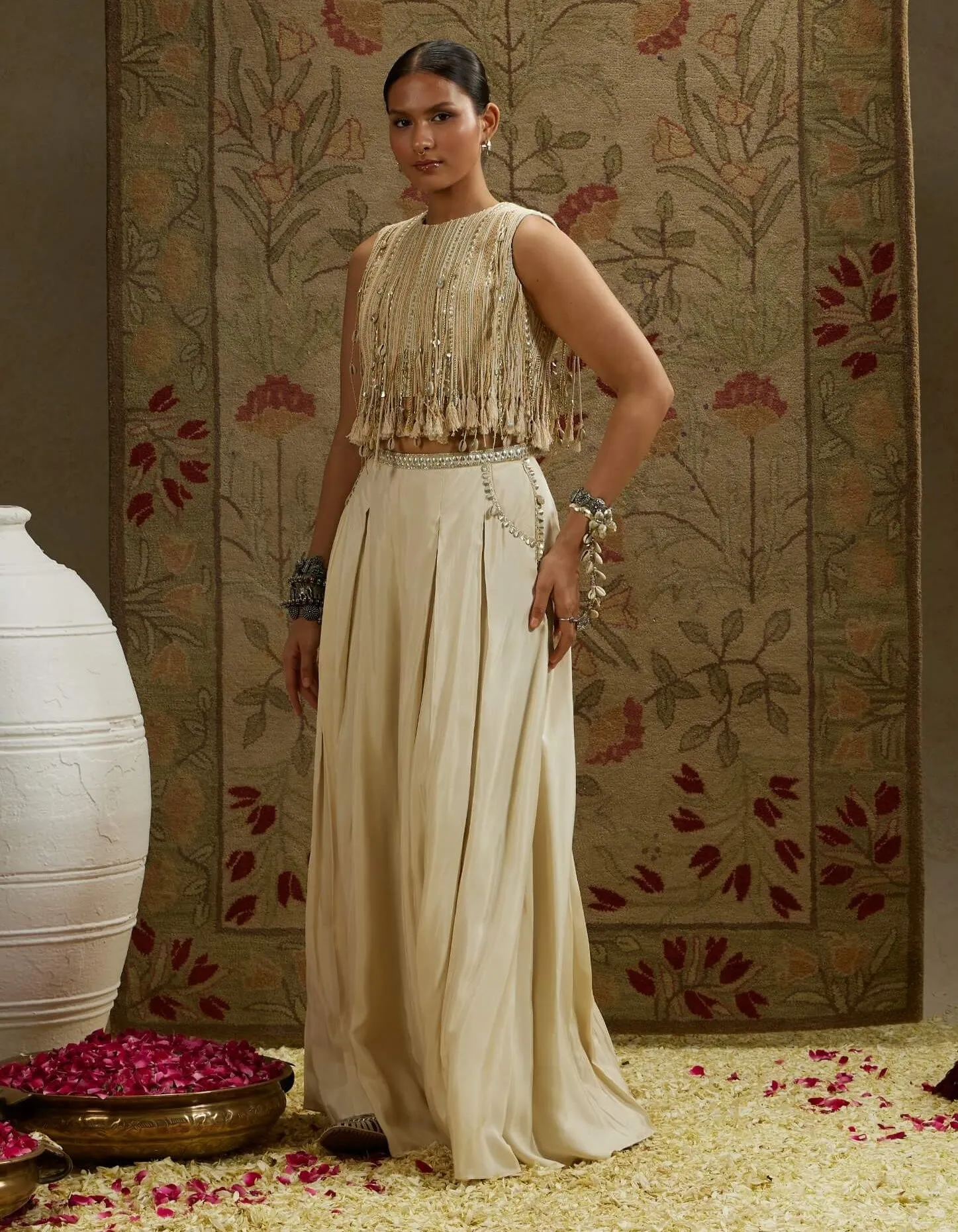 Ivory magnolia cream tassel crop top and palazzo
