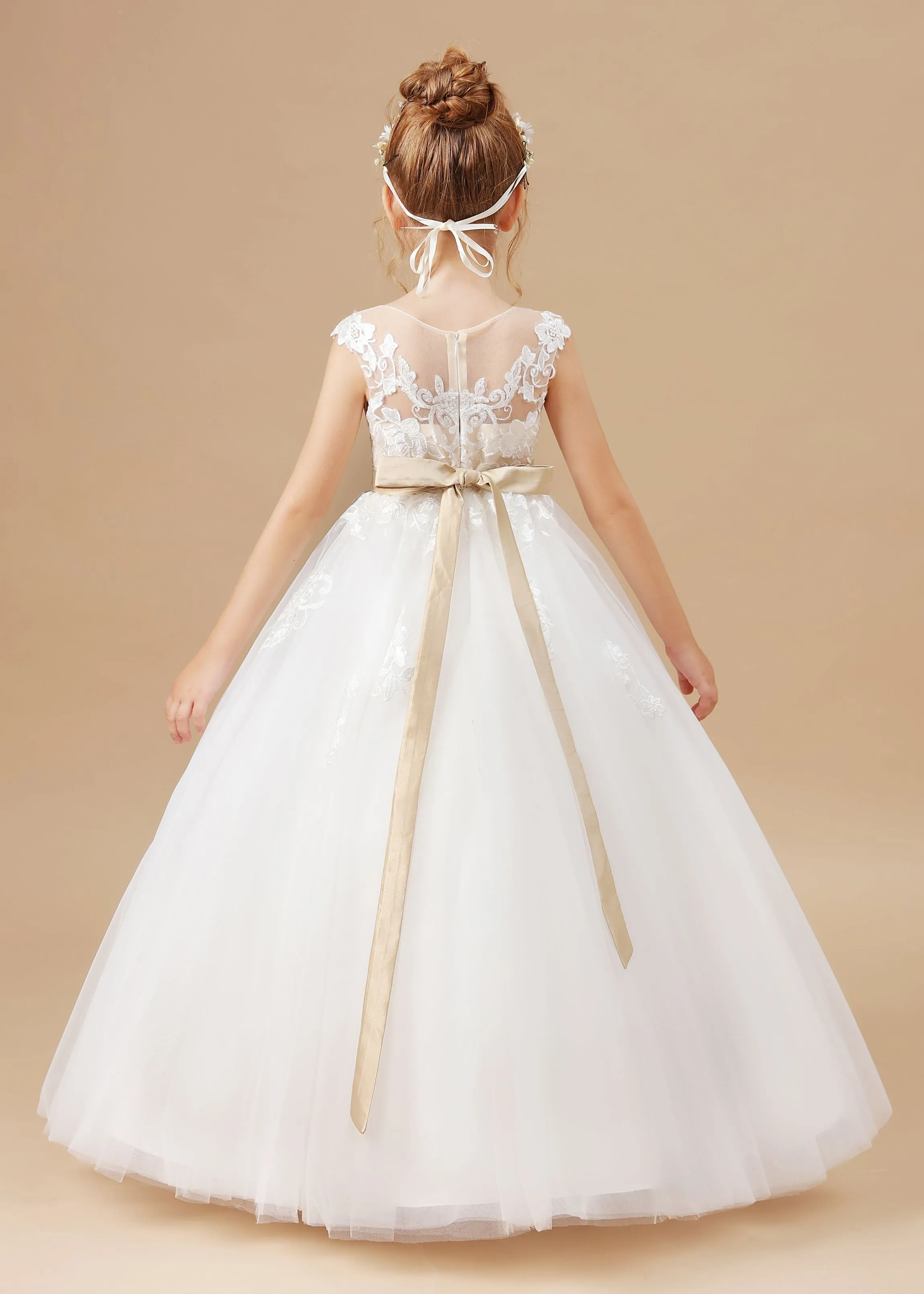 Ivory Sleeveless Tulle Satin Flower Girl Dresses With Champagne Bowknot