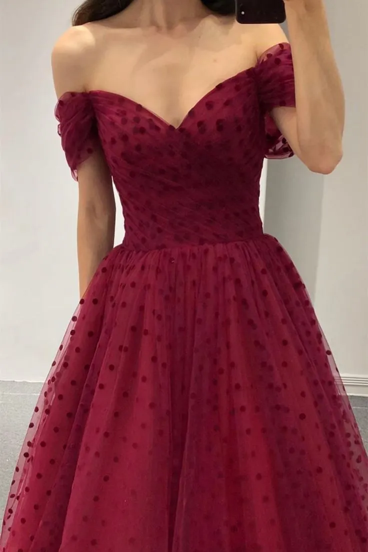 JazzHer Ball Gown Off Shoulder Burgundy Tulle Tea Length Prom Dresses Homecoming Dress (PRE-ORDER)