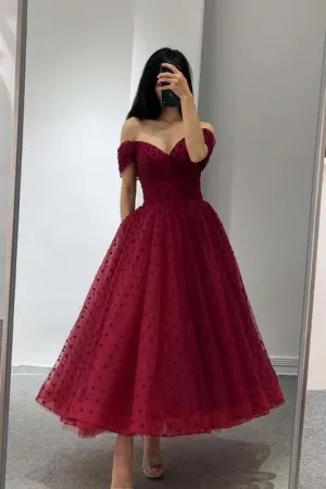 JazzHer Ball Gown Off Shoulder Burgundy Tulle Tea Length Prom Dresses Homecoming Dress (PRE-ORDER)