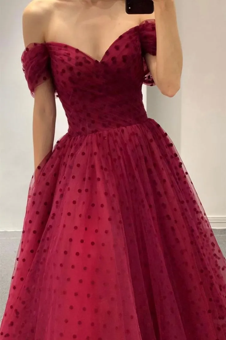 JazzHer Ball Gown Off Shoulder Burgundy Tulle Tea Length Prom Dresses Homecoming Dress (PRE-ORDER)