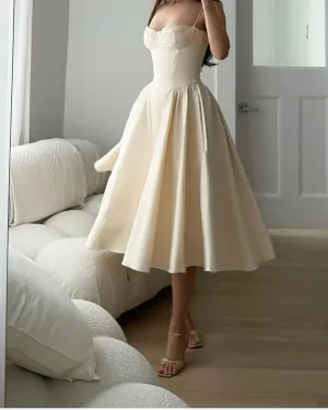 JazzHer Elegant A Line Spaghetti Straps Satin Tea Length Prom Dress Evening Dresses (PRE-ORDER)