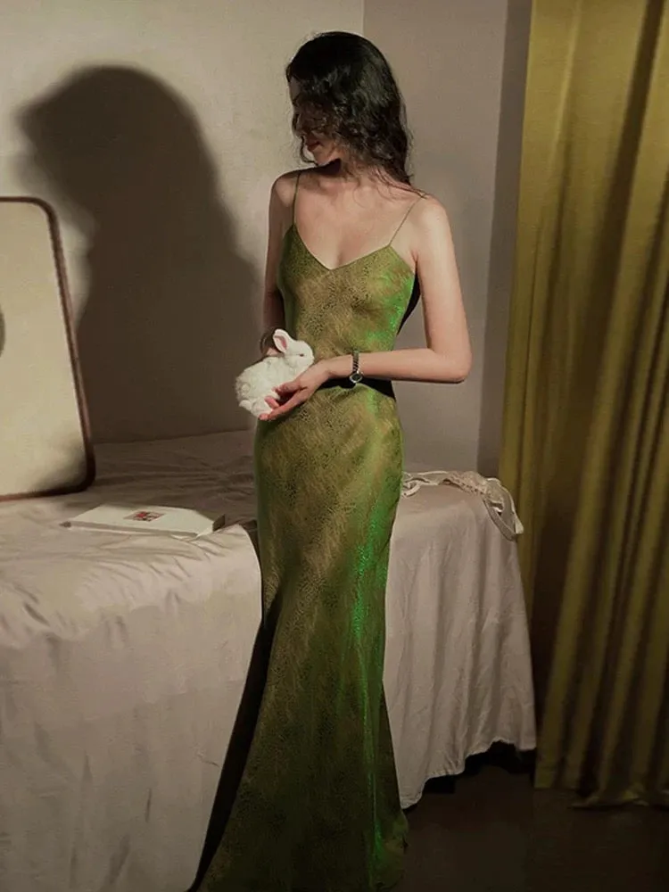 JazzHer Elegant Mermaid Spaghetti Straps Green Long Length Prom Dresses Birthday Outfits (PRE-ORDER)