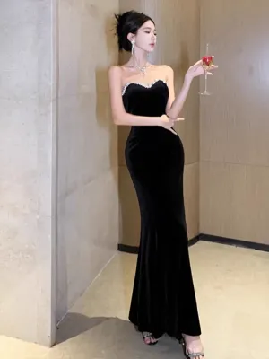 JazzHer Elegant Mermaid Strapless Black Velvet Long Length Prom Dresses Birthday Outfits (PRE-ORDER)