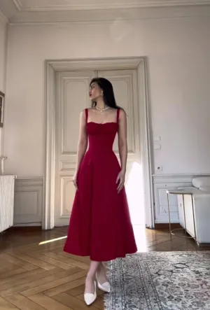 JazzHer Pretty A line Spaghetti Straps Burgundy Tea Length Prom Dresses Evening Dress (PRE-ORDER)