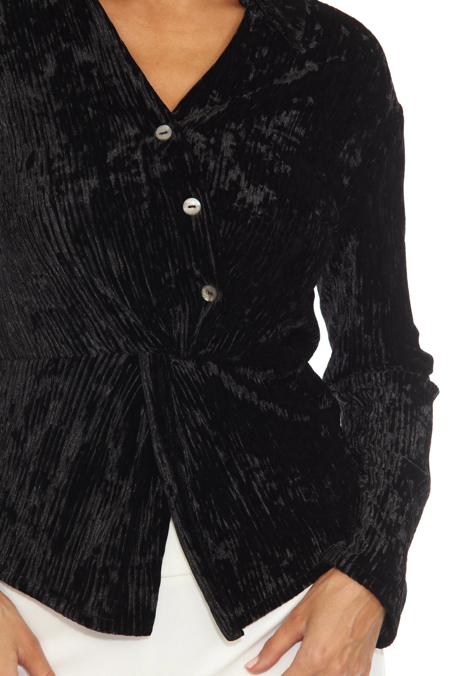 Joseph Ribkoff Black Pleated Velvet Long Sleeve V-Neck Top 244156