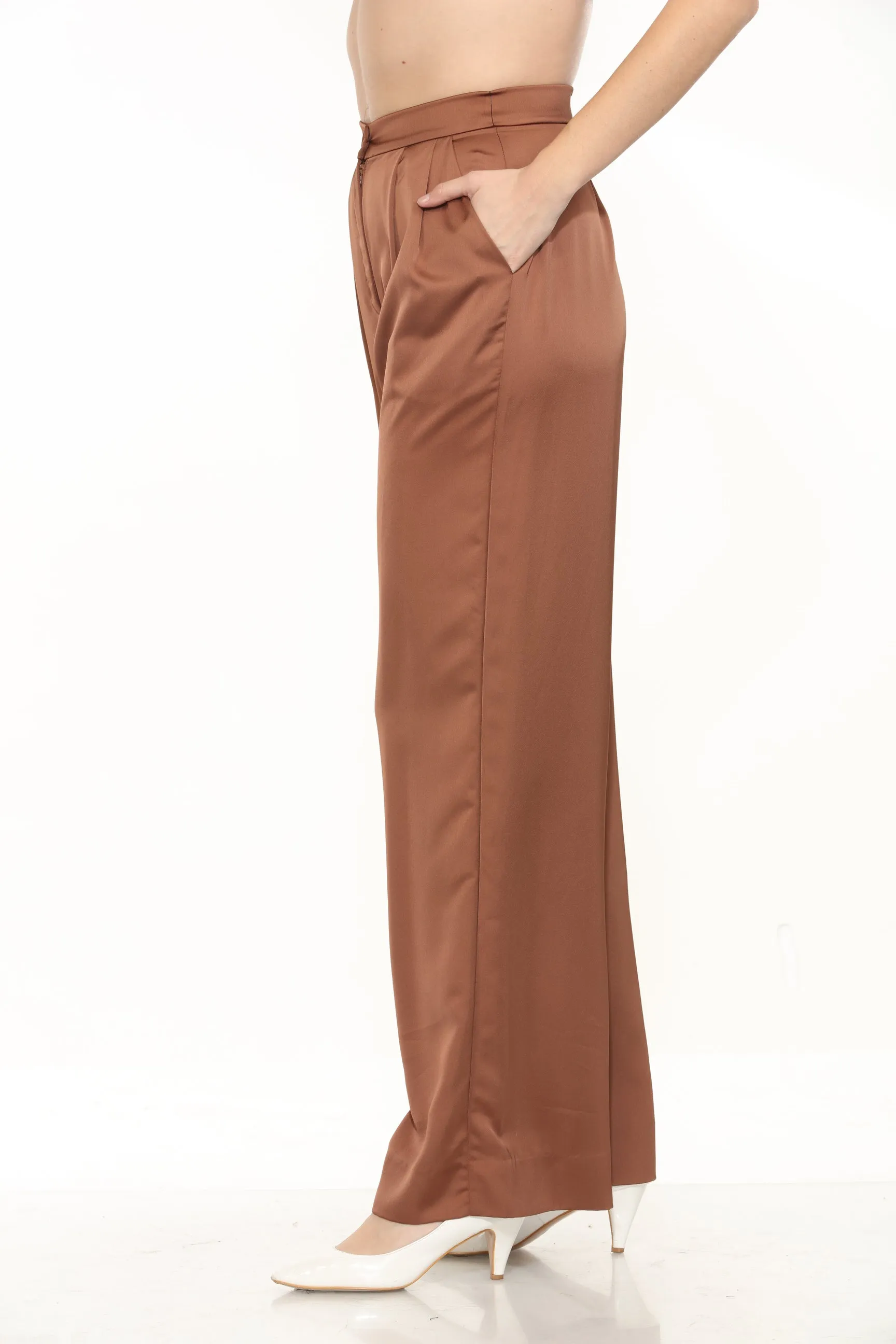 Joseph Ribkoff Chestnut Pleated High Waist Satin Wide Leg Pants 244035