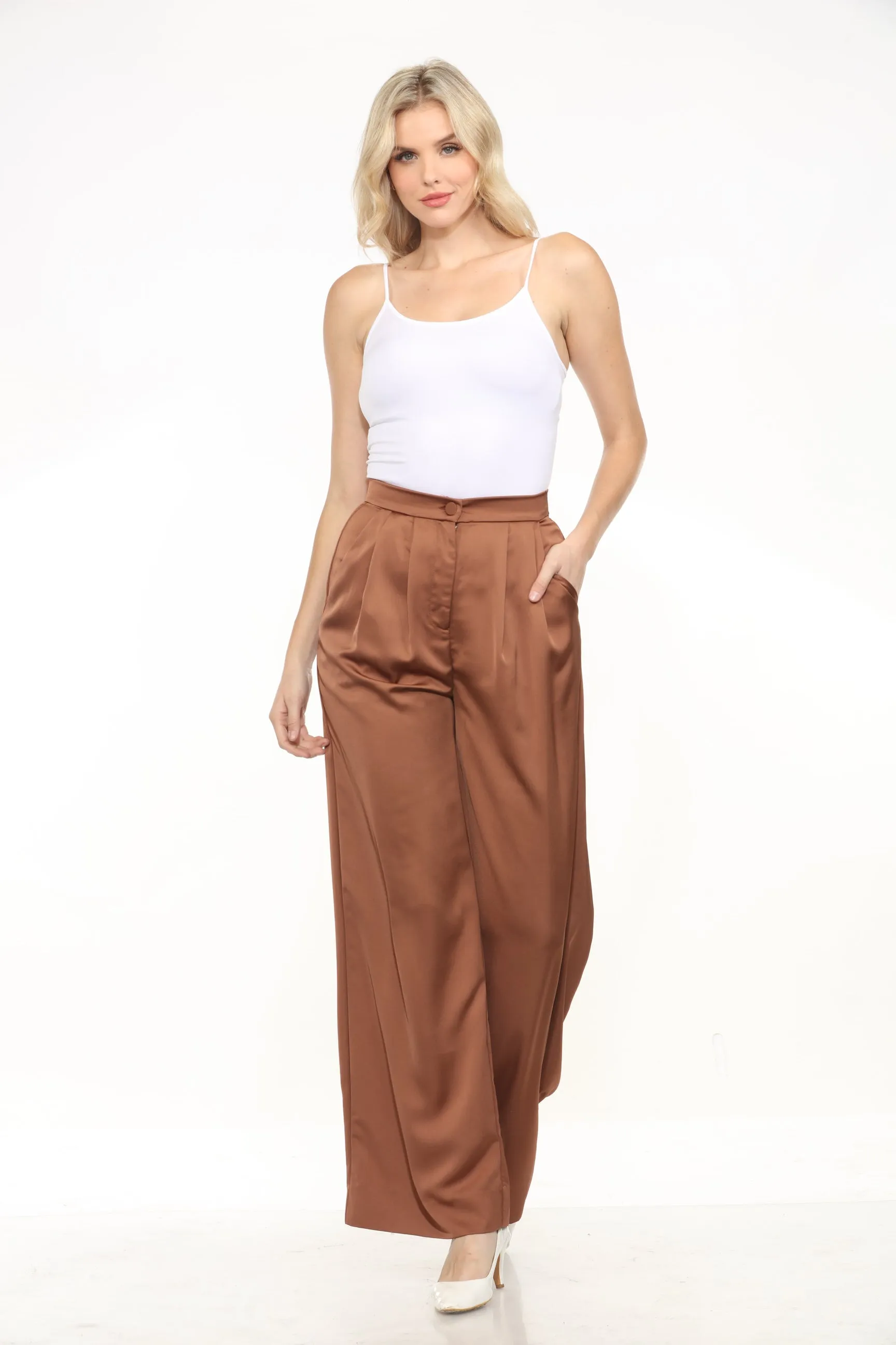 Joseph Ribkoff Chestnut Pleated High Waist Satin Wide Leg Pants 244035