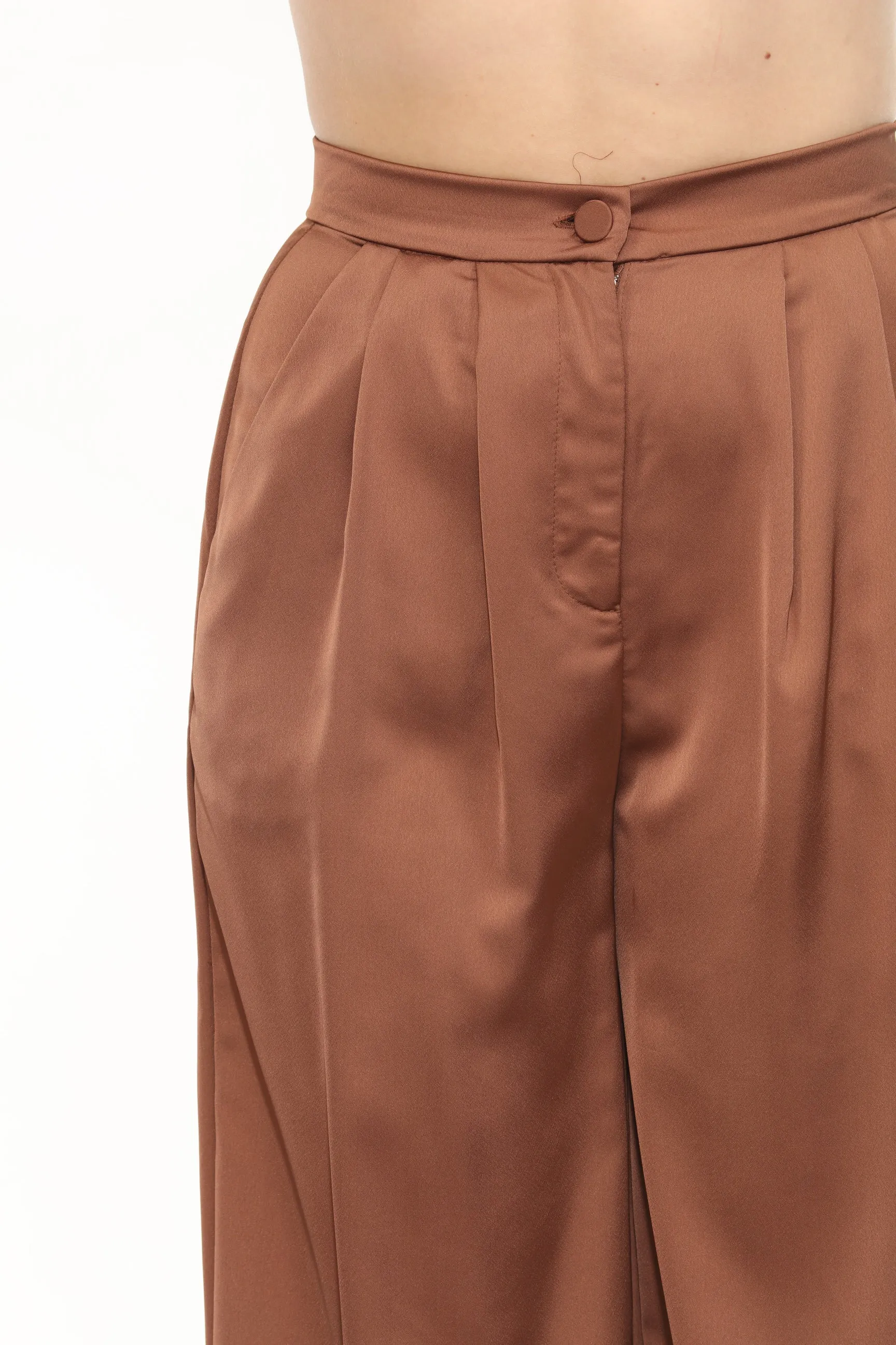 Joseph Ribkoff Chestnut Pleated High Waist Satin Wide Leg Pants 244035