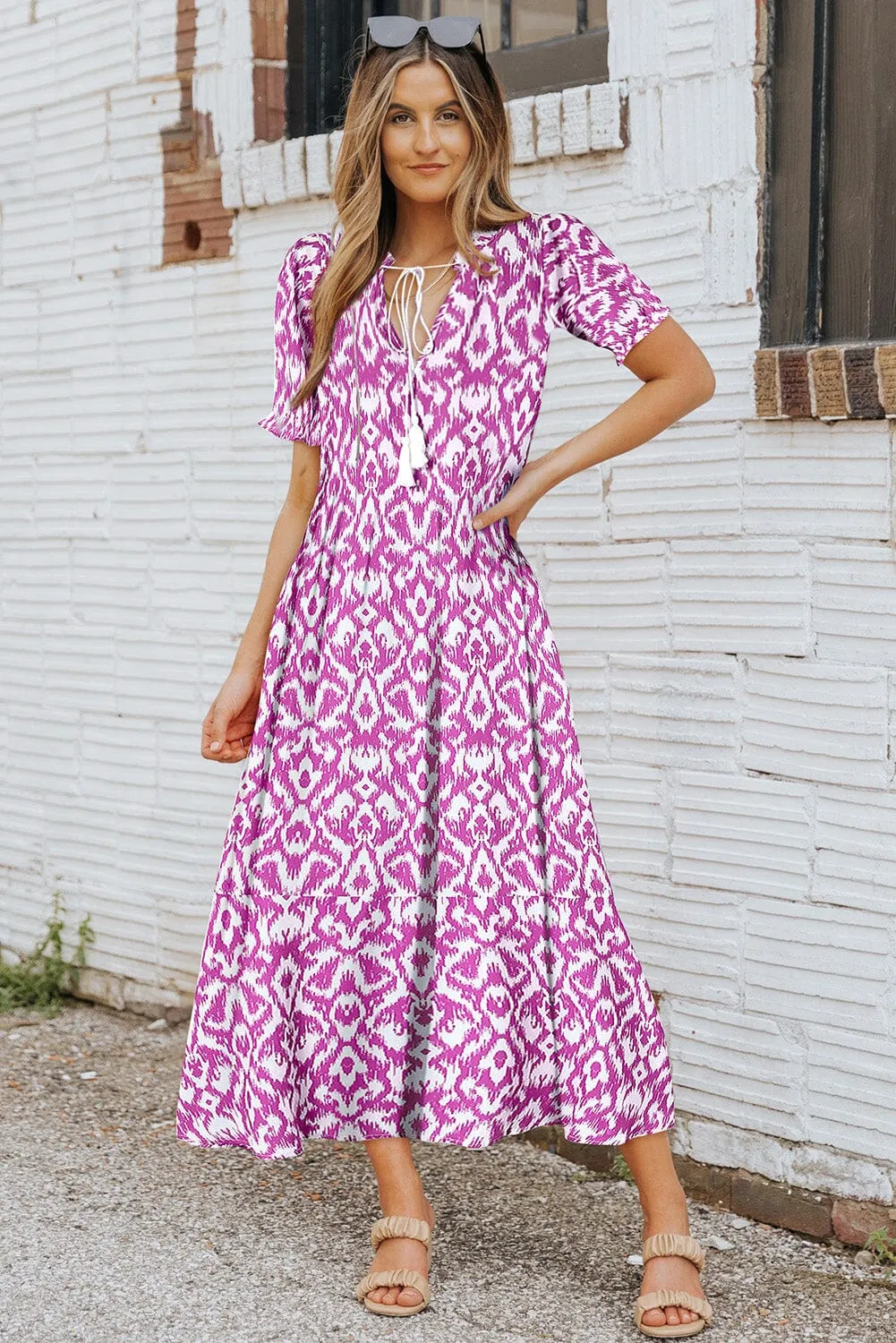 KaleaBoutique V Neck Casual Geometric Print Maxi Dress