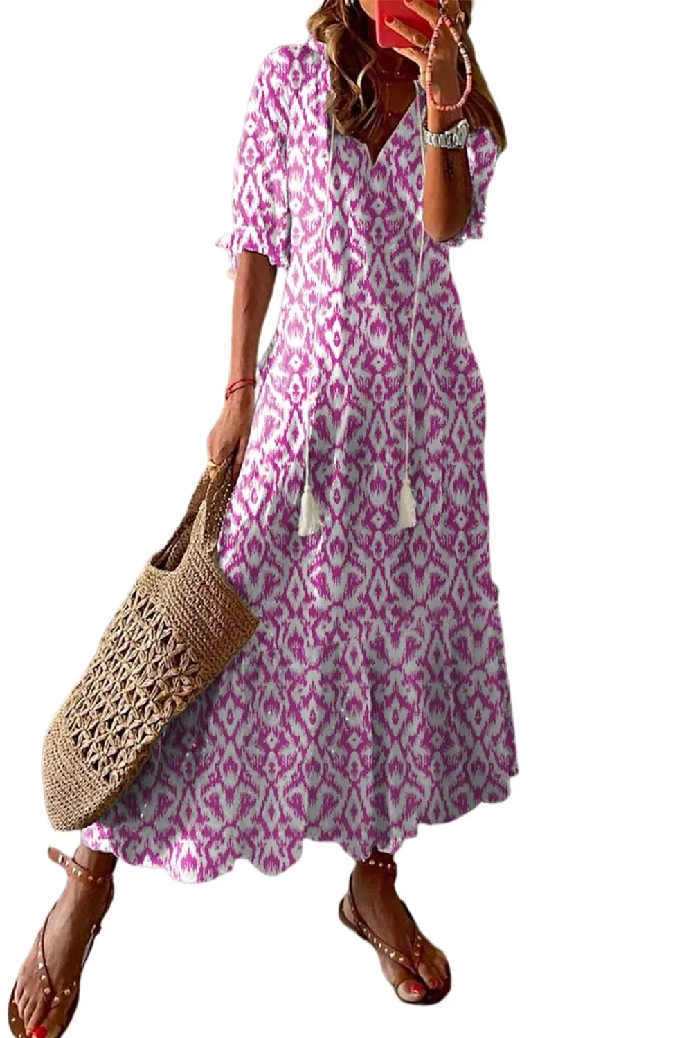 KaleaBoutique V Neck Casual Geometric Print Maxi Dress