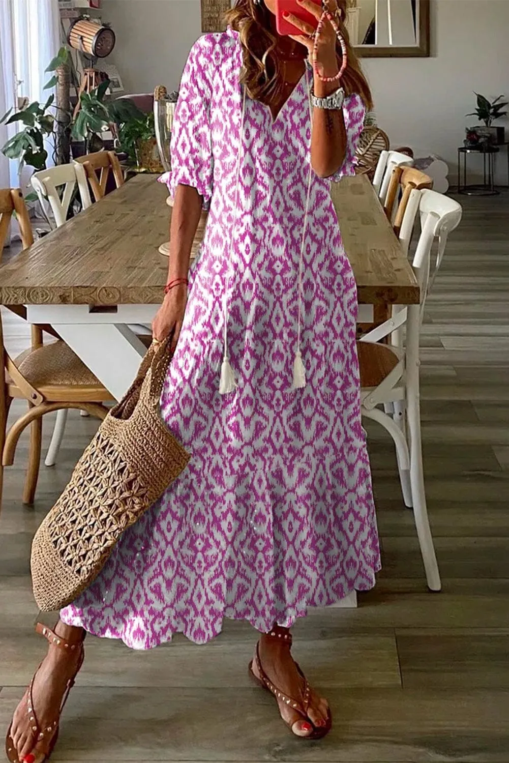 KaleaBoutique V Neck Casual Geometric Print Maxi Dress