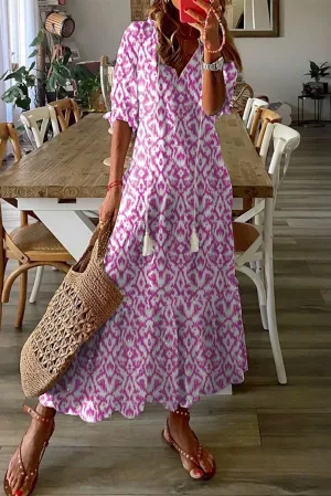 KaleaBoutique V Neck Casual Geometric Print Maxi Dress