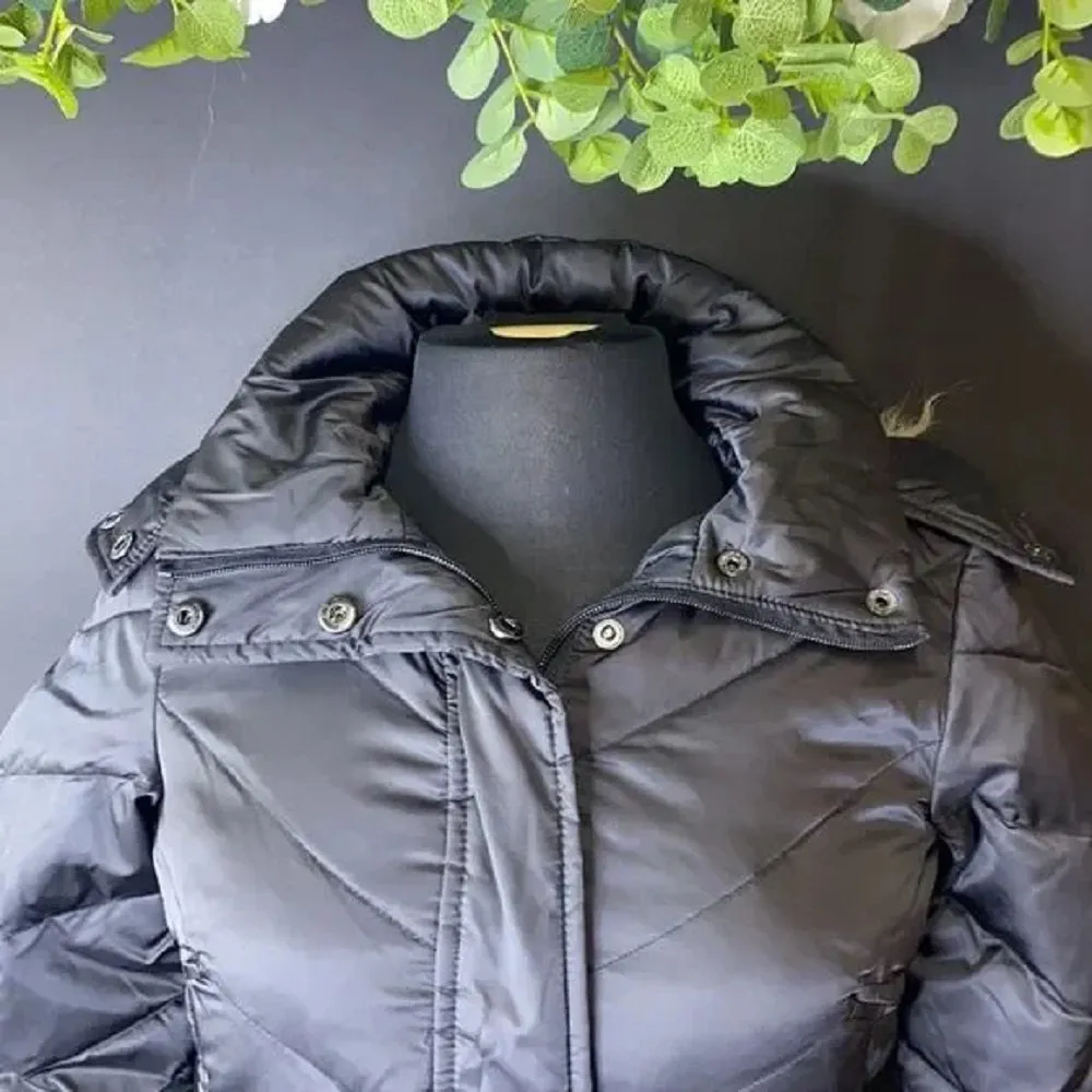 Kenneth Cole Black Petite Faux-Fur-Trim Hooded Puffer Coat, PXS