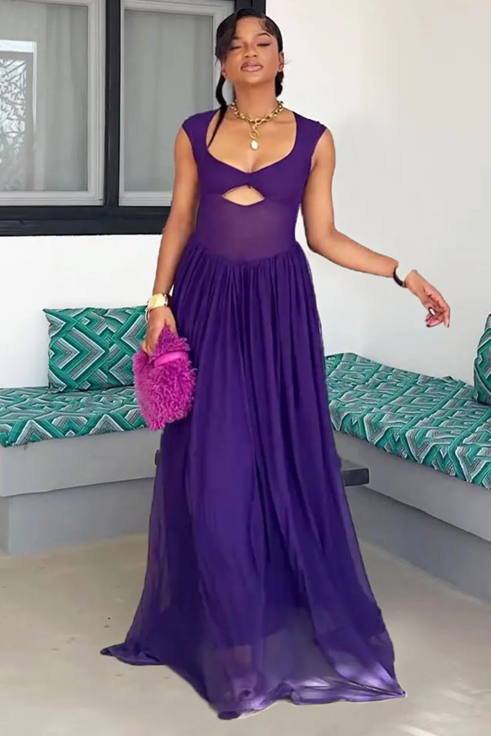 Keyhole Neck Open Back Gathered Hem Party Maxi Dresses-Purple [Pre Order]