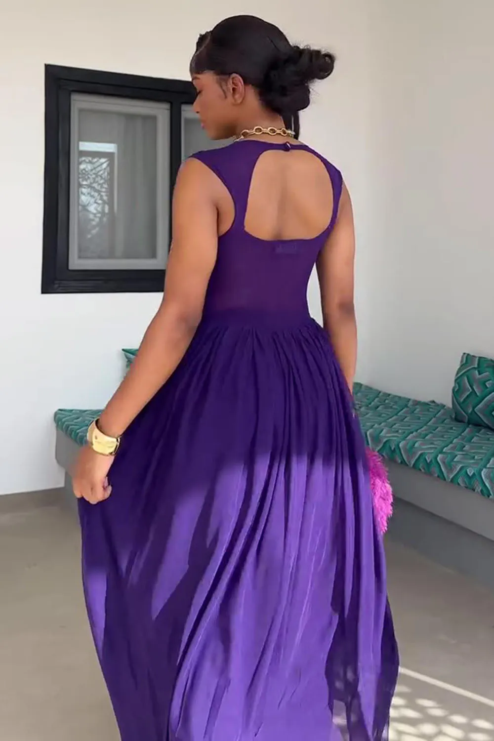 Keyhole Neck Open Back Gathered Hem Party Maxi Dresses-Purple [Pre Order]