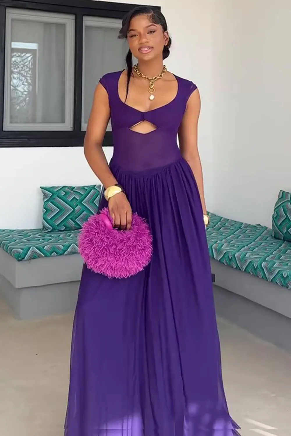Keyhole Neck Open Back Gathered Hem Party Maxi Dresses-Purple [Pre Order]