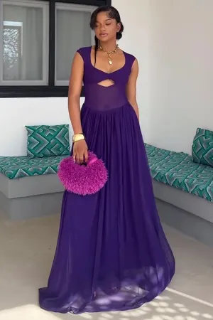 Keyhole Neck Open Back Gathered Hem Party Maxi Dresses-Purple [Pre Order]