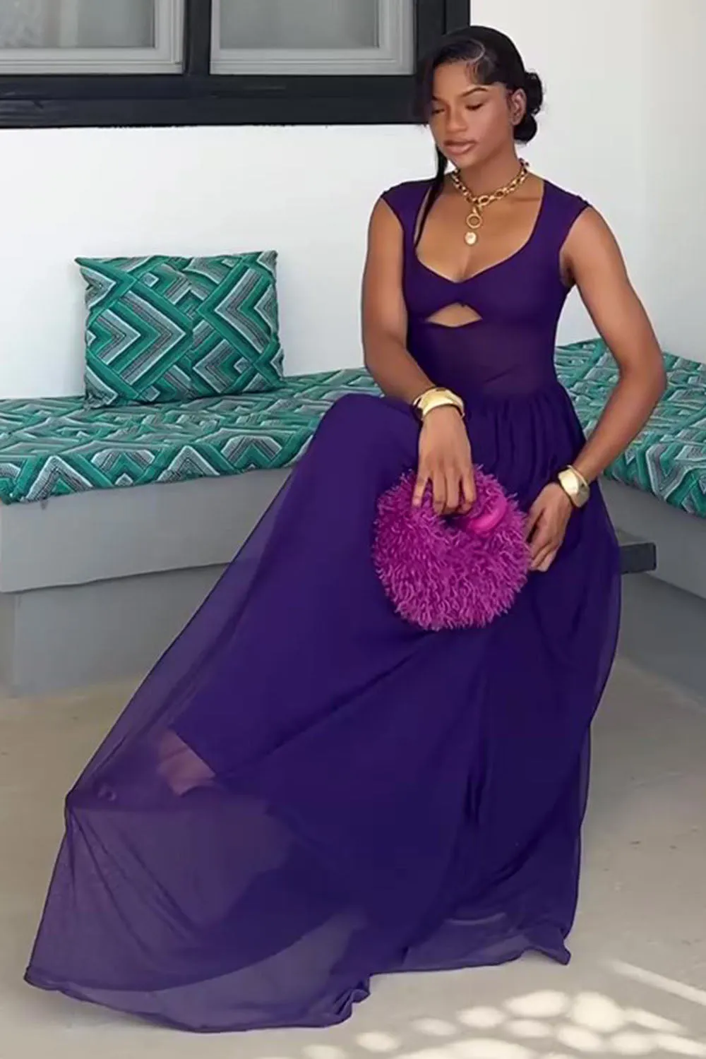 Keyhole Neck Open Back Gathered Hem Party Maxi Dresses-Purple [Pre Order]