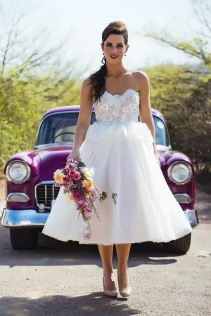 Lace Strapless Tea-Length Wedding Gown Tulle Skirt