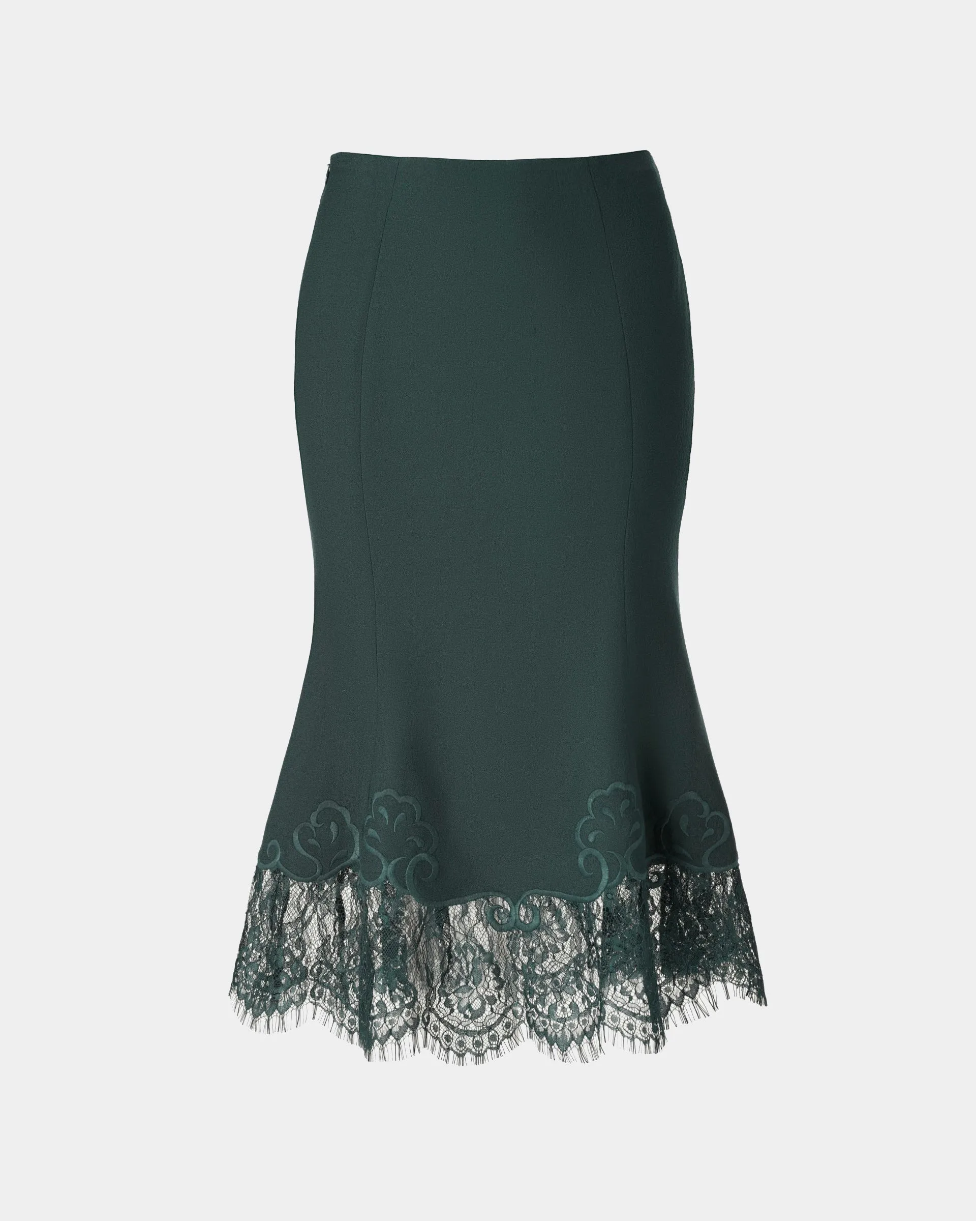Lace-Trimmed Flared Wool Skirt