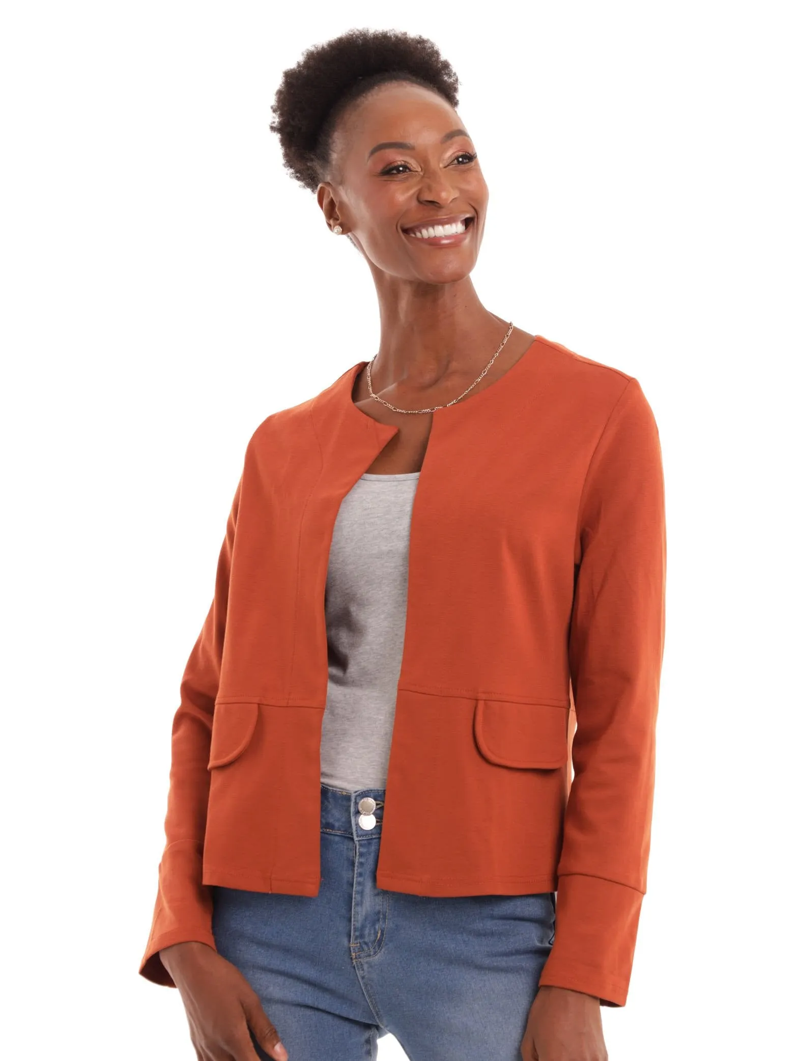 Ladies Collarless Ponti Jacket - Rust