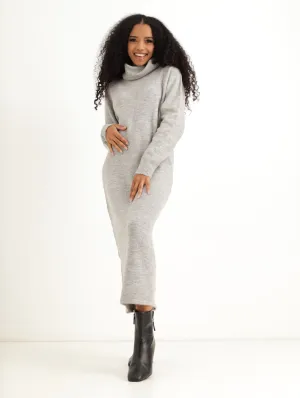 Ladies Full Length Roll Neck Knitwear Dress - Grey Melange