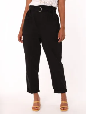 Ladies PaperBag Belted Slouch Pant - Black