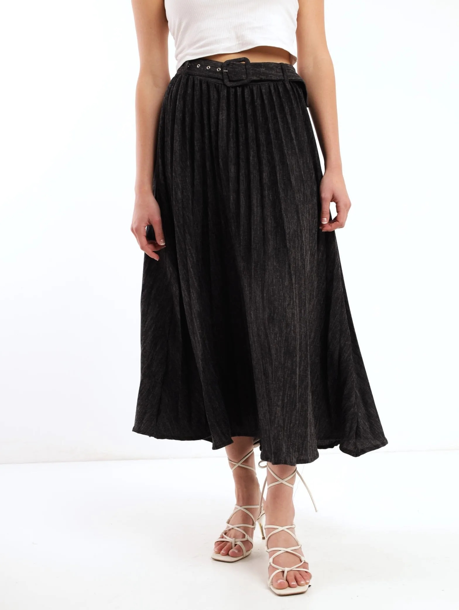 Ladies Pleated Knit Longer Length Midi Skirt - Charcoal