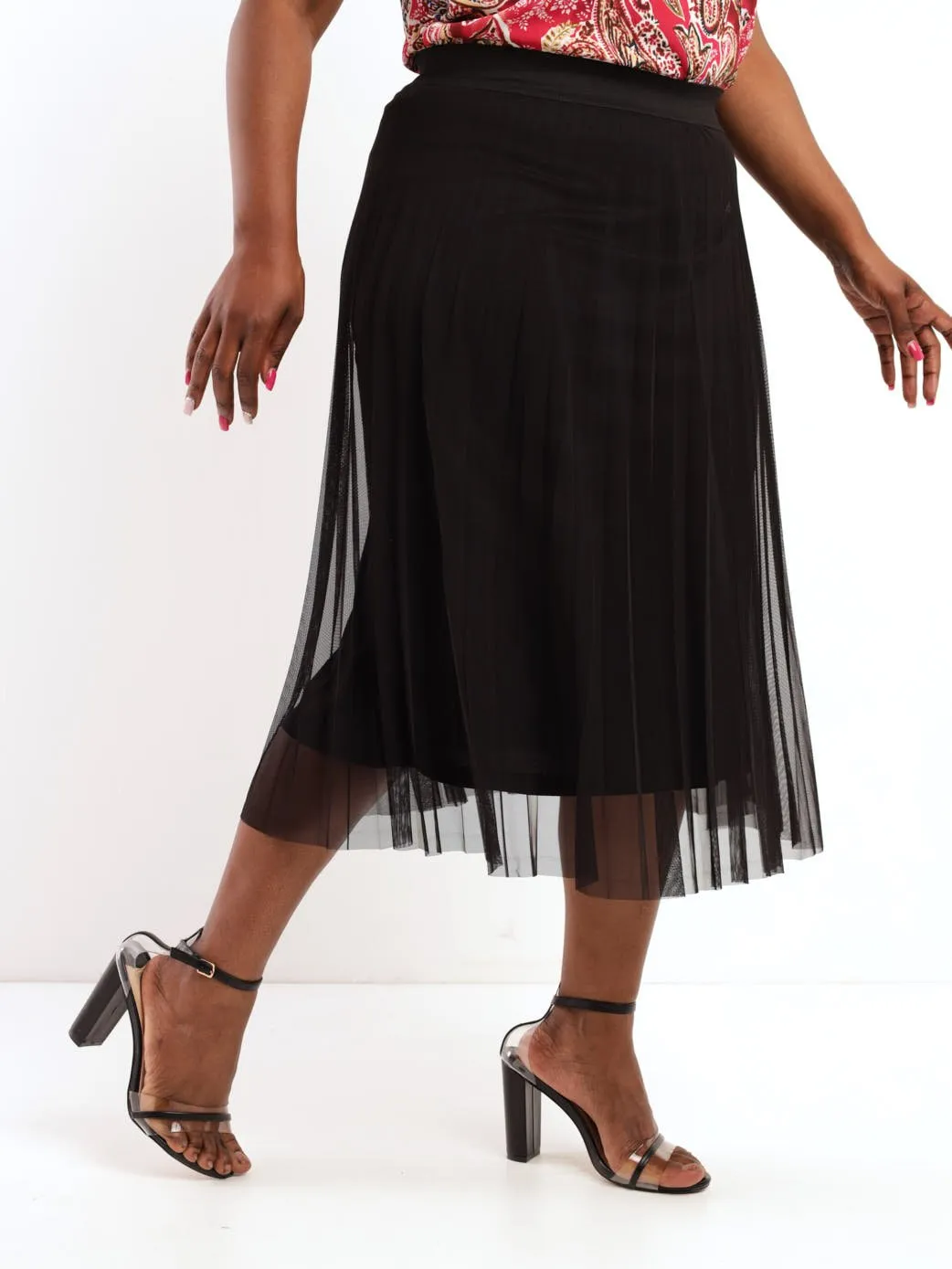 Ladies Pleated Mesh Skirt - Black