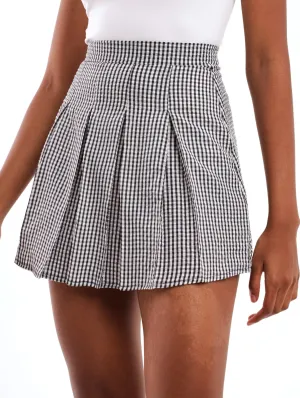 Ladies Seersucker Check Pleated Skirt - Black
