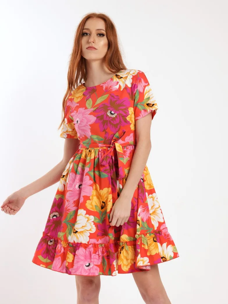Ladies Short Sleeve 50S Poplin Tea Dress - Red