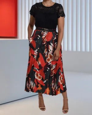 Ladies Tropical Print Navy Pleated Skirt