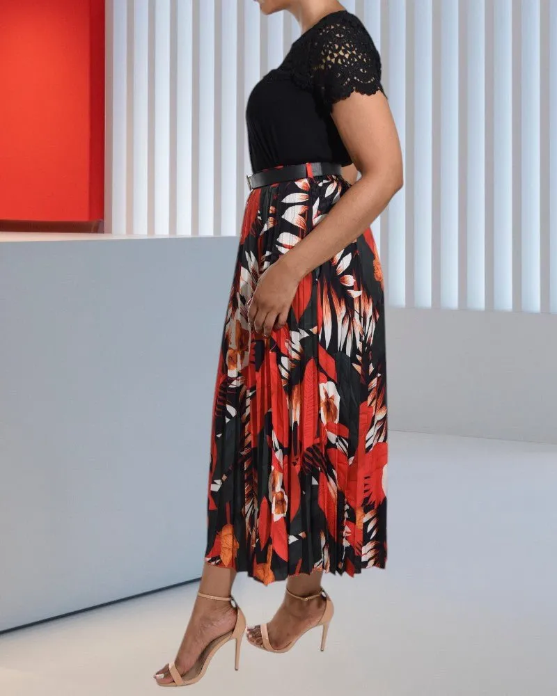 Ladies Tropical Print Navy Pleated Skirt