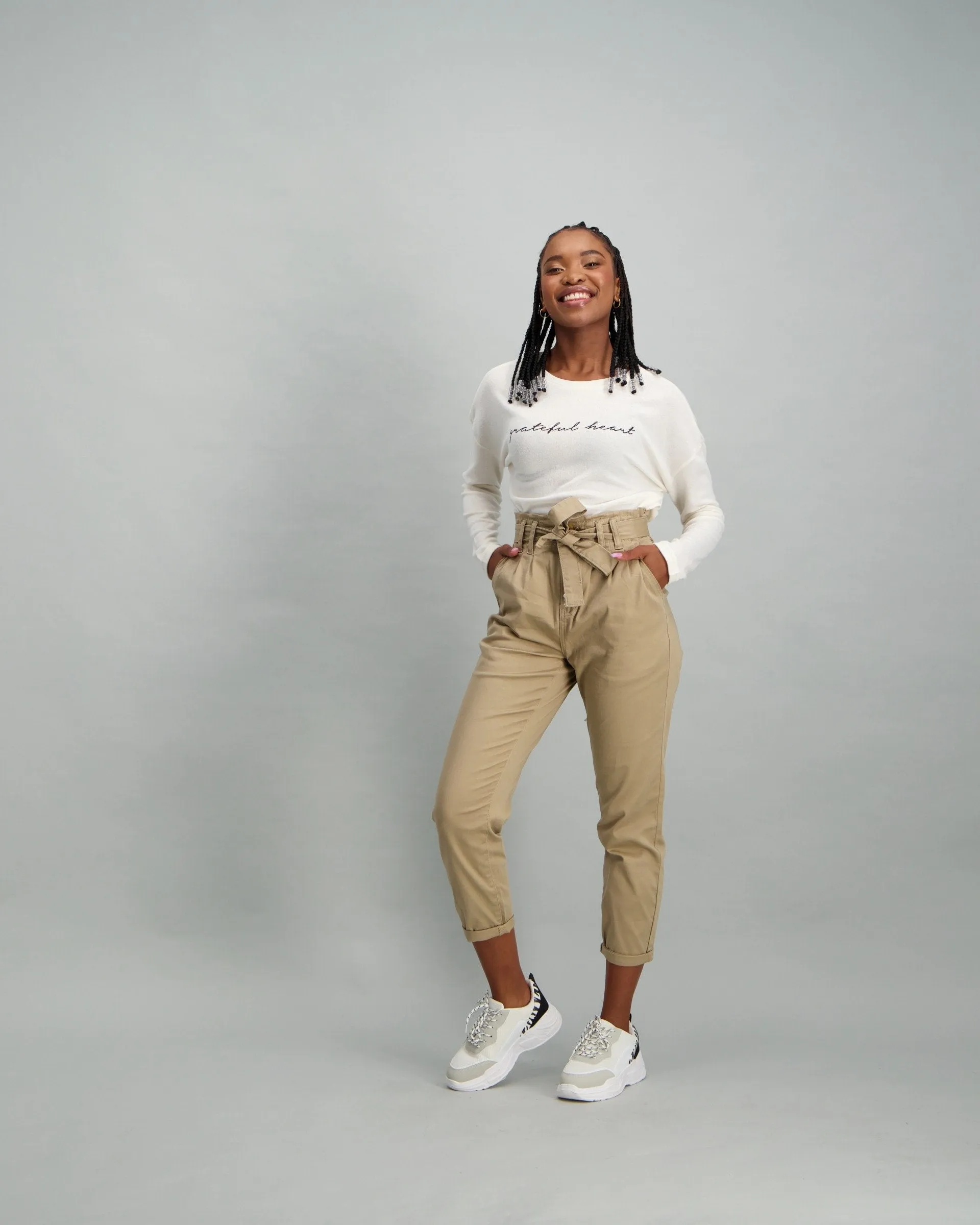 Ladies Twill Paper Bag Pant - Stone