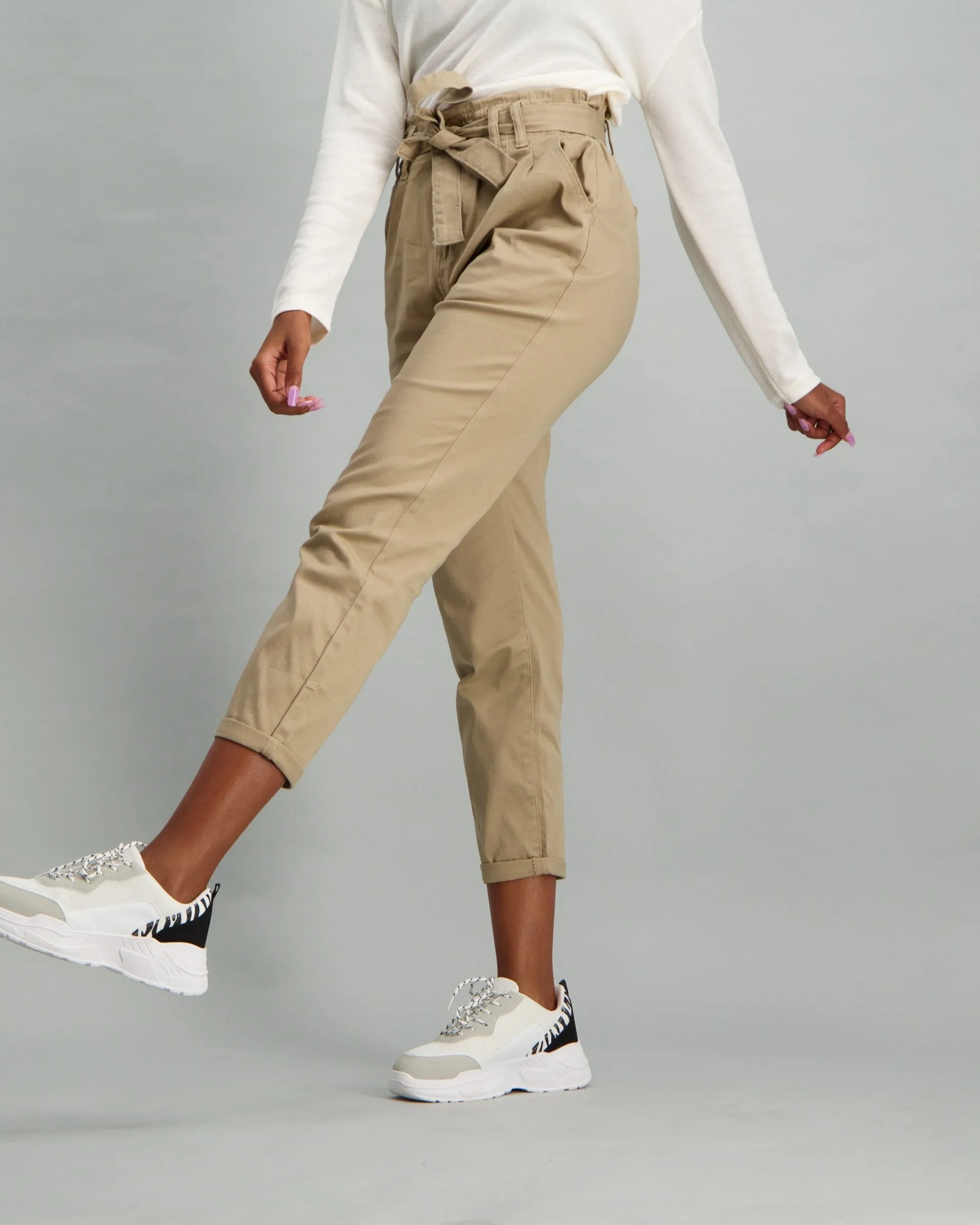 Ladies Twill Paper Bag Pant - Stone