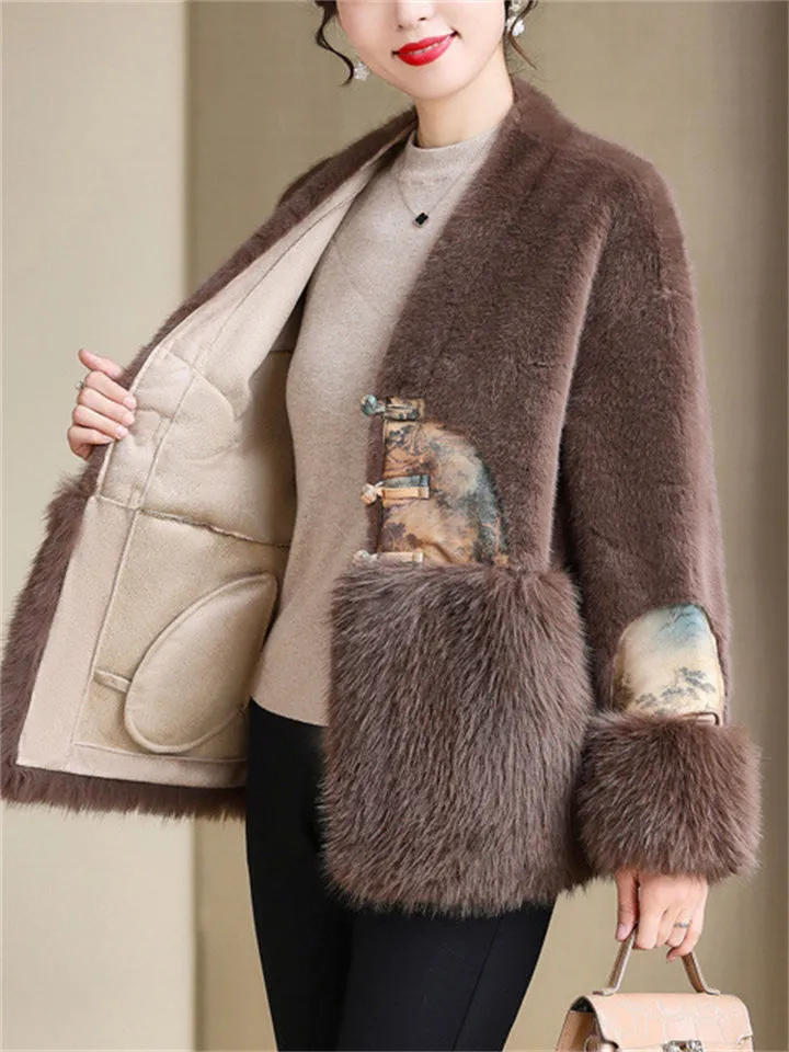 Ladies Vintage Luxury V Neck Knot Button Faux Mink Coats